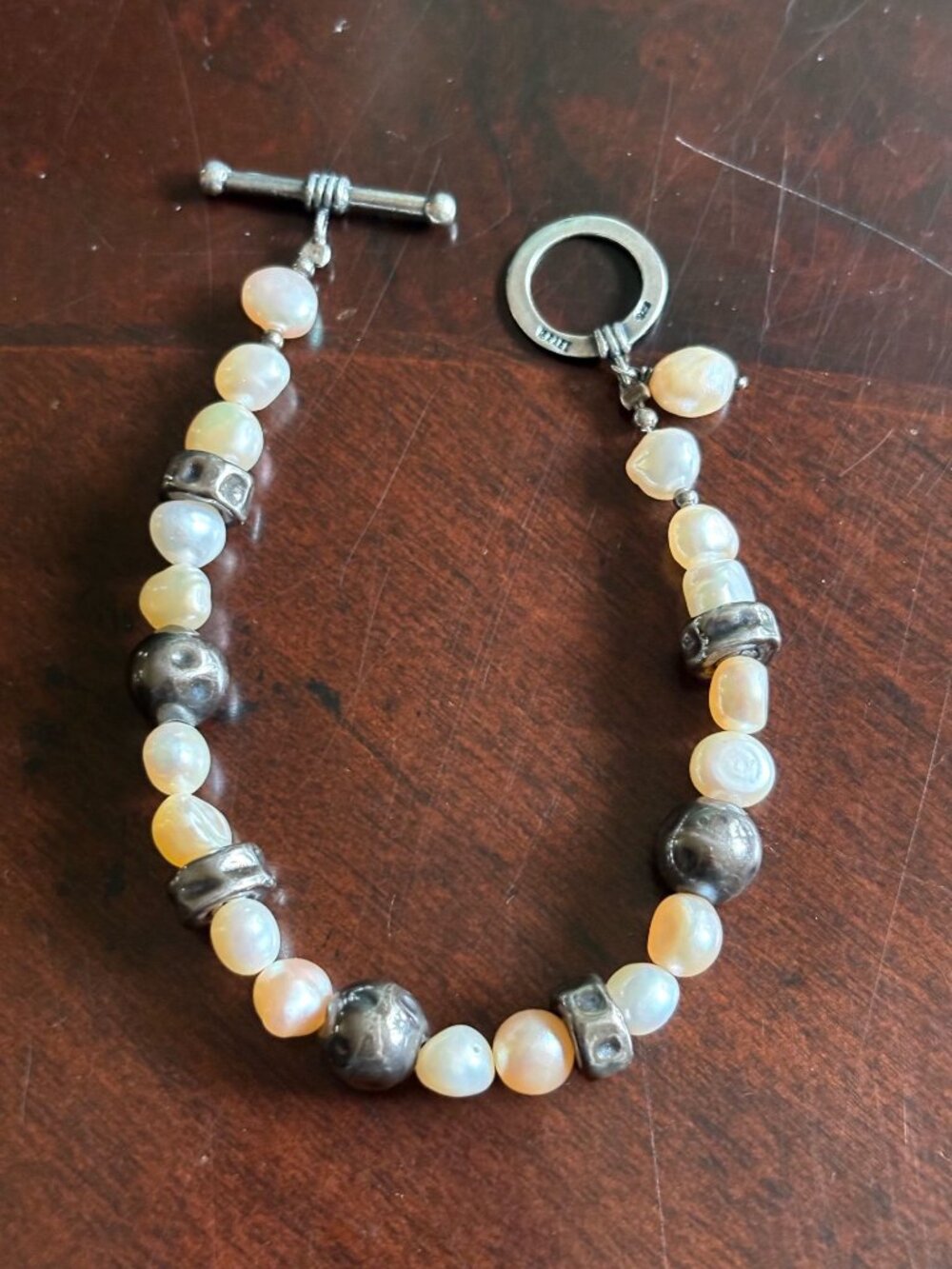 Vintage Artisan Israeli Sterling Silver 925 & Baroque Pearl Toggle Bracelet
